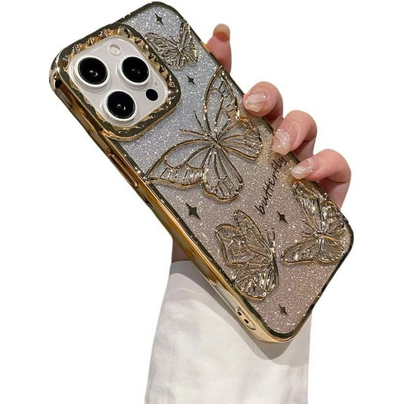 Stereo Ruffled Butterfly Big Hole Phone Case with Glitter Paper Pieces, Stereo Butterfly, Girly Girls' Favourite, za iPhone 15 14 13 12 11 Pro Max Plus Phone Case (Gold,iphone 11)