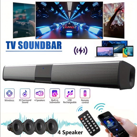 Stereo Soundbar with Wireless Subwoofer, 2.1 Home Theater System, Bass Boost, Bluetooth, TWS, TF/AUX/FM/RCA, 2000mAh Battery for TV, PC, Phone, DVD, Console