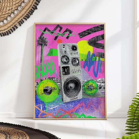 Stereo Speaker Neon Graffiti 90s Memphis Wall Art, Unframed Paper Poster 8x10in