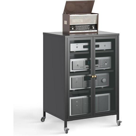 Stereo Storage Cabinet with 3 Adjustable Shelves Audio Video Stand with Cable Management, Media Cabinet with Glass Doors AV TV Console for Living Room, Gaming, Home Theater Black
