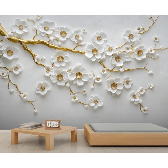 Stereo White Flowers Wall Mural, Relief Gold Leaves 3D Wallpaper, Nordic Modern Luxury Wall Sticker Wall Decor For Bedroom Living Room Children's Room 55"W x 28"H (Not Peel and Stick)