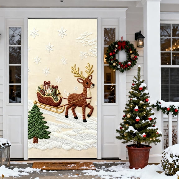 Stereoscopic Embroidery Christmas Door Cover 35 X 72 In,Festive Wall and Door Curtain,Holiday Party Decor for Front Door,Indoor Wall Hanging,Seasonal Home Decoration for Christmas Celebration-D