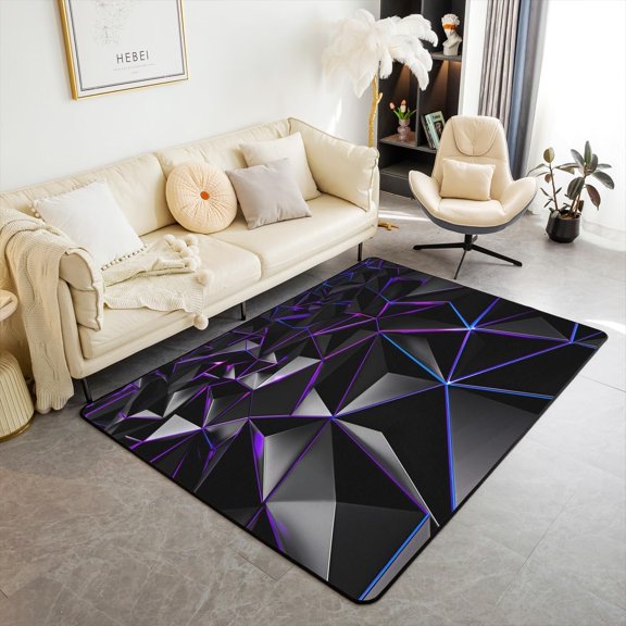 Stereoscopic Hexagon Triangle Area Rug,Geometry Neon Blue Purple Lines Decorative Rug For Bedroom Playroom Backyard,3D Print Modern Geometric Non Slip Carpet 1x2ft