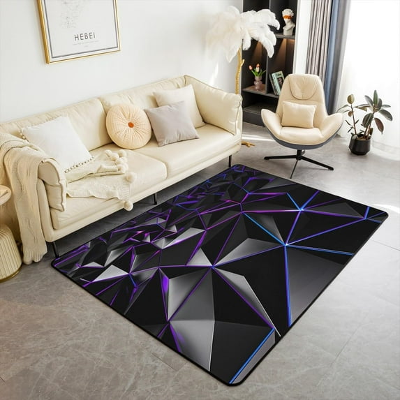 Stereoscopic Hexagon Triangle Area Rug,Geometry Neon Blue Purple Lines Decorative Rug For Bedroom Playroom Backyard,3D Print Modern Geometric Non Slip Carpet 5x6ft