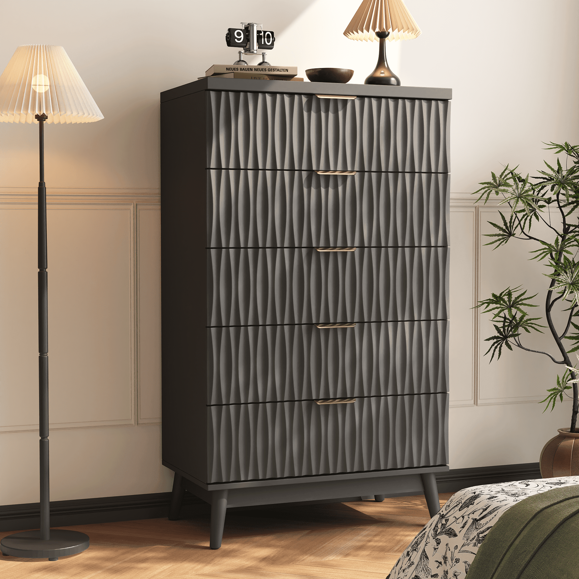 47"H Fluted 5 Drawer Dresser for Bedroom, Modern Chest of Drawers with Metal Handle, Wooden Storage Organizer for Living Room, Hallway, Black