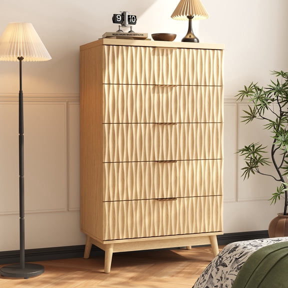 NEGYLIM 5 Drawer Dresser for Bedroom, 47"H Fluted Dresser Modern Chest of Drawers with Metal Handle, Anti-collapse for Living Room, Hallway
