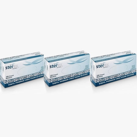 Sterex Vinyl Powder Free Exam Disposable Gloves Medium (Case Of 3 Boxes, 100 Count Per Box)