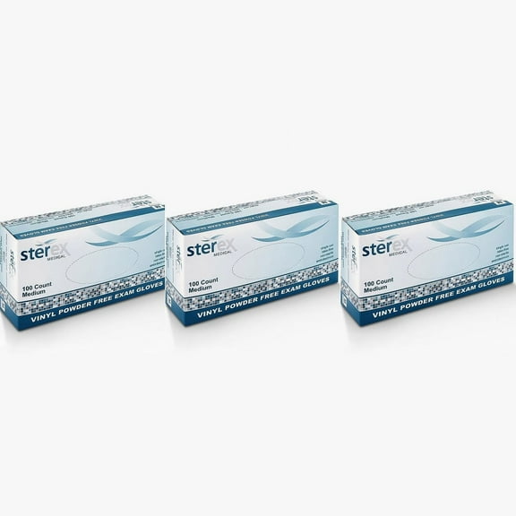 Sterex Vinyl Powder Free Exam Disposable Gloves Medium (Case Of 3 Boxes, 100 Count Per Box)