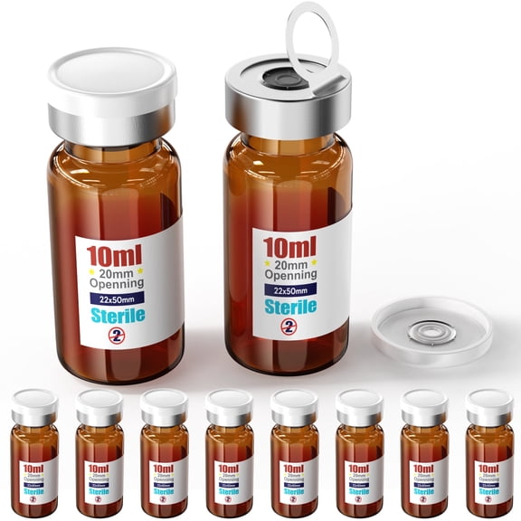 Sterile Empty Vial Sealing with 20mm Self Healing Injection Port and Burr-Free Tear Off Plastics Aluminum Cap, Glass Lab Sample Vial for Sterile Storage ,Individual Package( Amber 10ml 10pcs)