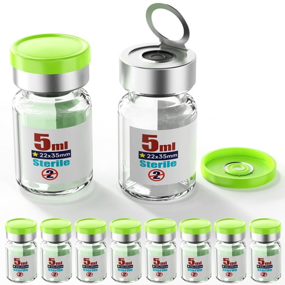 Sterile Empty Vial Sealing with 20mm Self Healing Injection Port and Burr-Free Tear Off Plastics Aluminum Cap, Glass Lab Sample Vial for Sterile Storage ,Individual Package( Clear 5ml 10pcs)