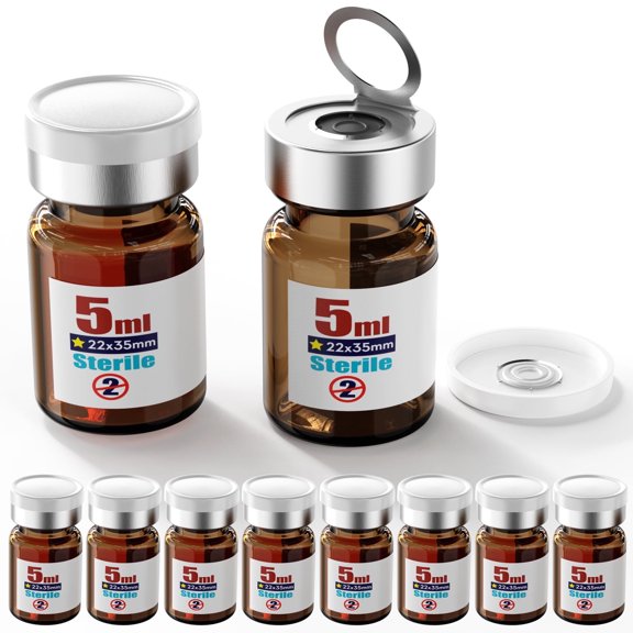 Sterile Empty Vial Sealing with 20mm Self Healing Injection Port and Burr-Free Tear Off Plastics Aluminum Cap, Glass Lab Sample Vial for Sterile Storage ,Individual Package( Amber 5ml 10pcs)