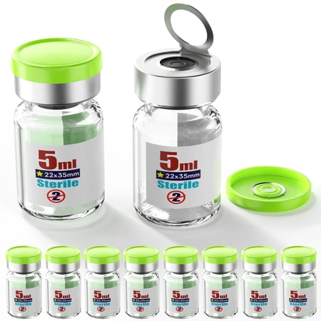 Sterile Empty Vial Sealing with 20mm Self Healing Injection Port and Burr-Free Tear Off Plastics Aluminum Cap, Glass Lab Sample Vial for Sterile Storage ,Individual Package( Clear 5ml 10pcs)