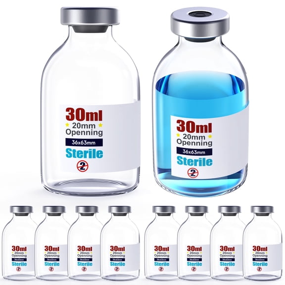 Sterile Empty Vials Silver Aluminum Cap with Butyl Rubber Stopper,Sterile Package of10(30ml)