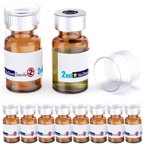 Sterile Empty Vials With Reuse Cap And 13 mm Self Healing Injection Port,Buckle Glass Vials ,Sterile Package,Amber 2ml 10pcs