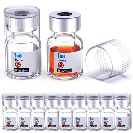 Sterile Empty Vials With Reuse Cap And 13 mm Self Healing Injection Port,Buckle Glass Vials ,Sterile Package,Clear 1ml 10pcs