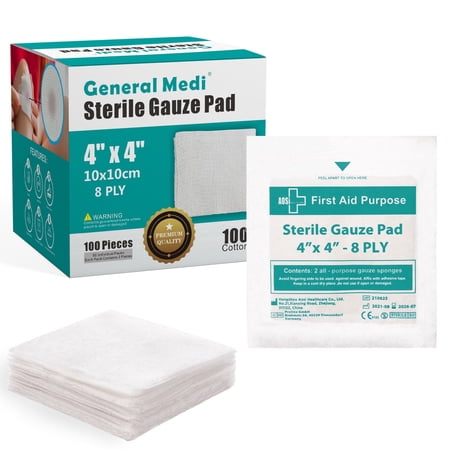 General Medi Sterile Gauze Pads - 4" x 4" Individually Wrapped (50 Packs, 100 Pieces Total)Extra Absorbent, Non-Stick, for Heavy Wounds and First Aid Kits