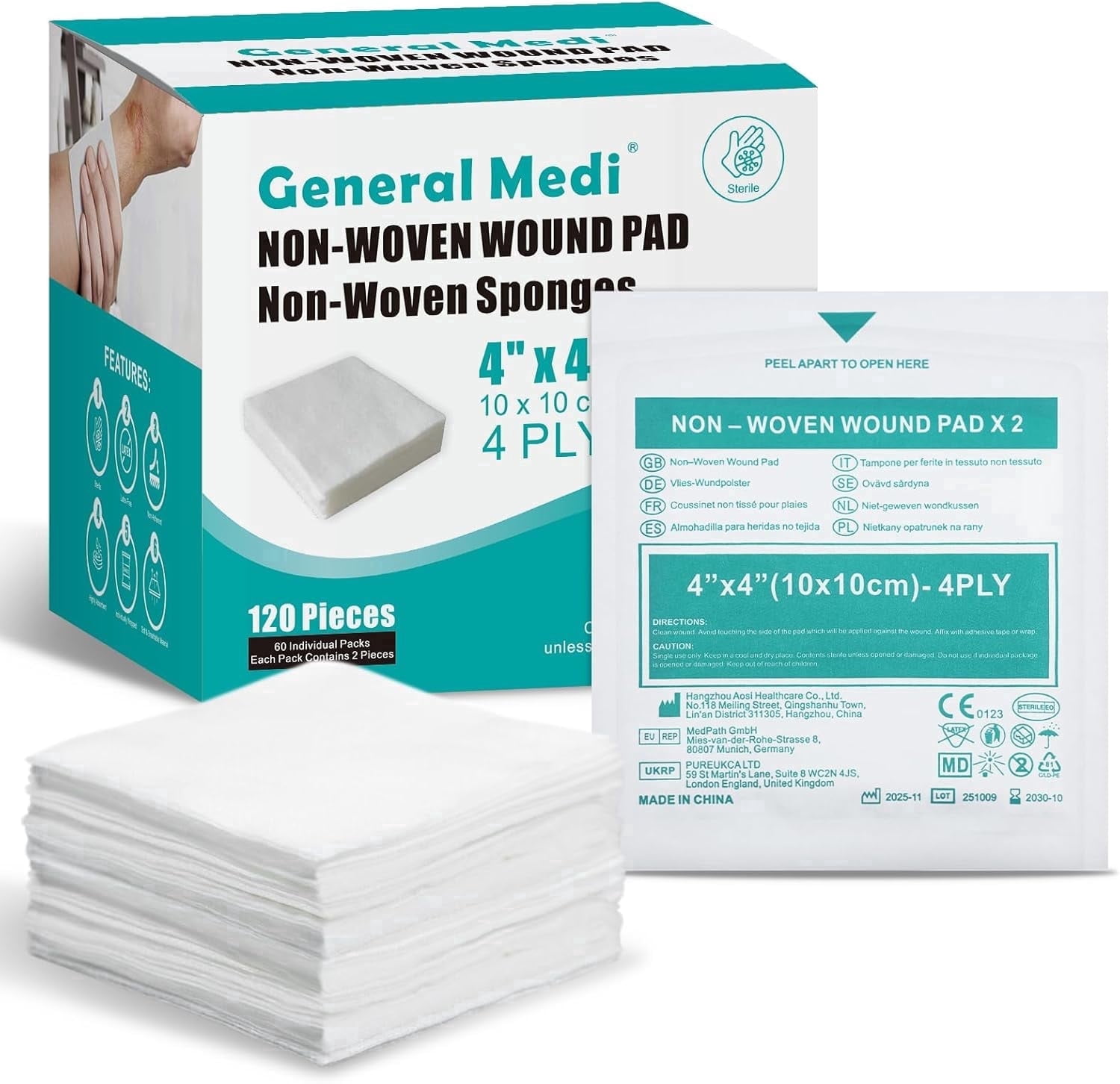General Medi 120 Pieces Sterile Gauze Sponges, 4" x 4" Non-Woven Wound Pads - Individually Wrapped Highly Absorbent Sponges Pads for Cushioning Minor Wounds, Cuts & Burns Wound Care