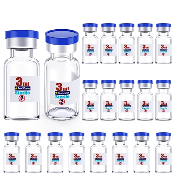 Sterile Glass Vials Sealed with 13mm Rubber Stopper and Burr-Free Aluminum Plastics Cap,Clear Borosilicate Glass Storage Vial,Individually Packaged 20pcs,Clear 3ml