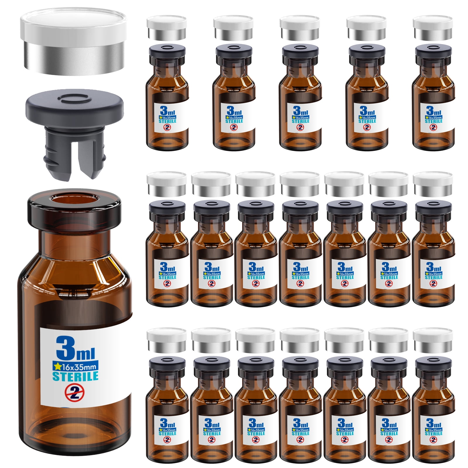 Sterile Glass Vials With Separate 13mm Rubber Stopper and Burr-Free ...