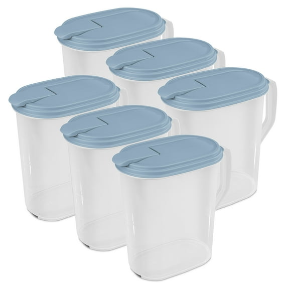 Sterilite 1 Gallon Plastic Hinged Pitcher with Comfort Grip Handle, Blue, 6 Pack