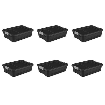 Sterilite Stackable Storage Bin, 10 Gallon Durable Plastic Storage Tote with Latch Lid, Black, 6 Pack
