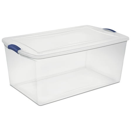 Sterilite Extra Large Latching Storage Bin, 105 Quart Clear Plastic Storage Container with Clear Lid, Blue Latch