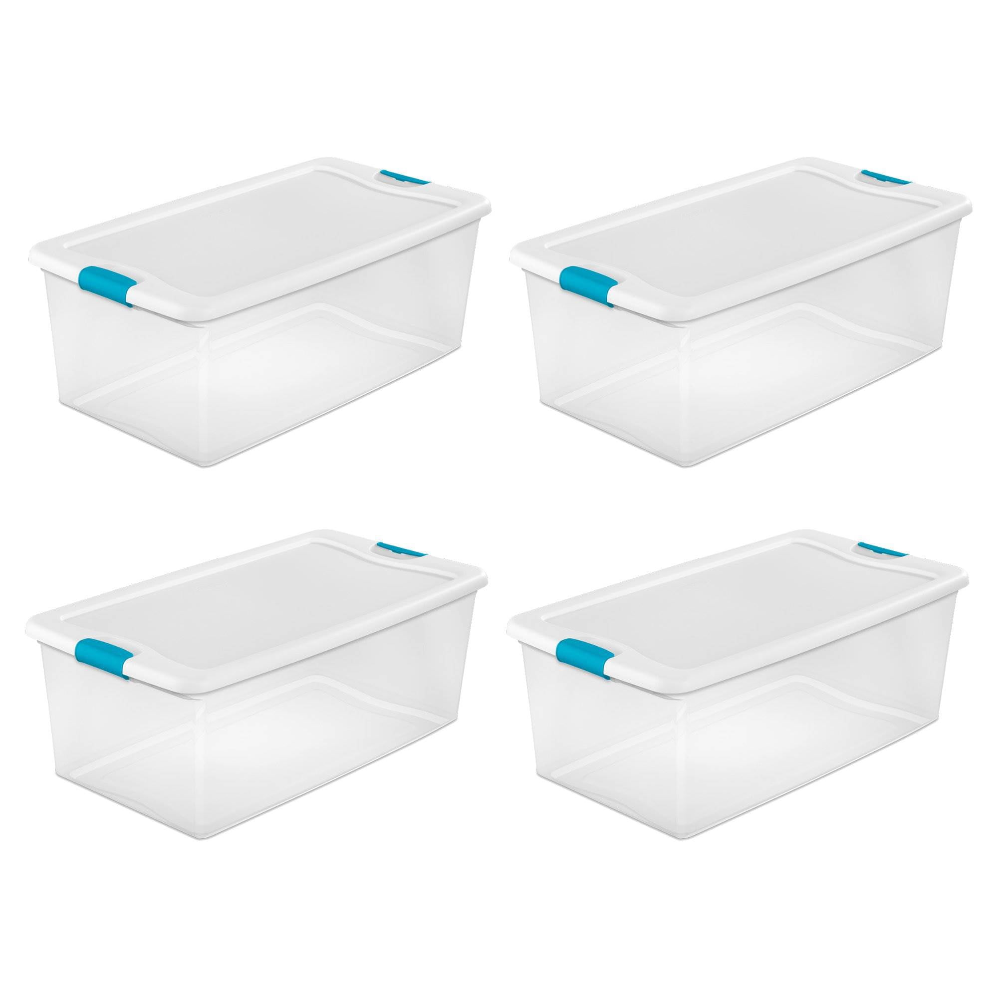Sterilite 106 Qt Latching Storage Box, Stackable Bin with Latch Lid,  Plastic Container to Organize Clothes in Closet, Clear with White Lid,  8-Pack