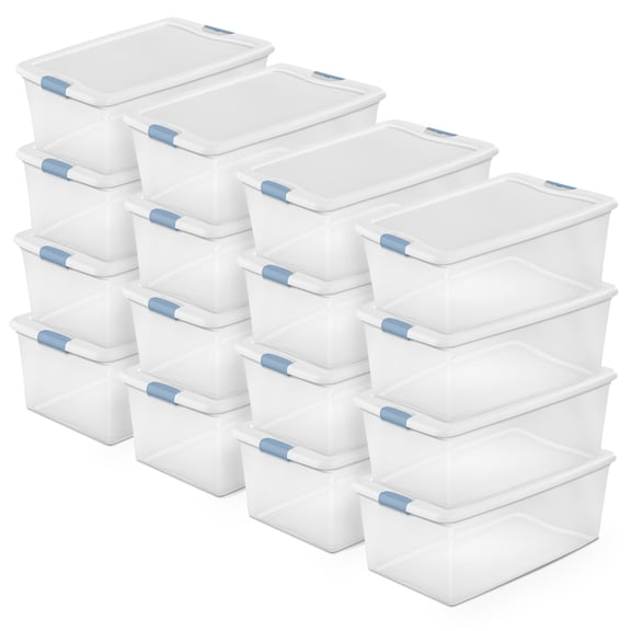 Sterilite 106 Quart Clear Plastic Storage Bin with White Latch Lid, 16 Pack