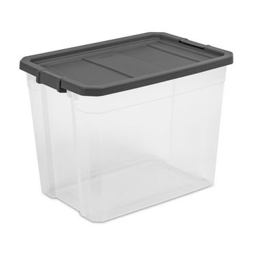 Sterilite 108 Quart Stacker Box, Durable Clear Plastic Bin with Lid, Dark Gray