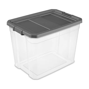 Sterilite 108 Quart Extra-Large Stackable Storage Bin, Clear Plastic Storage Container with Latch Lid, Dark Gray