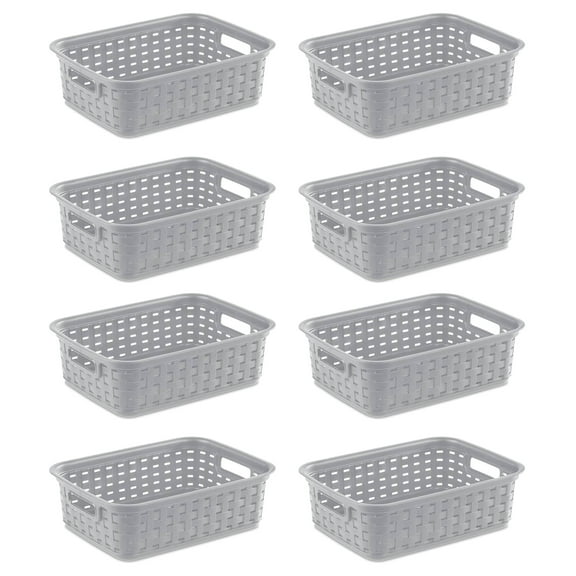 Sterilite 11" Small Weave Open Bin Wicker Storage Basket, Grey, 8-Pack