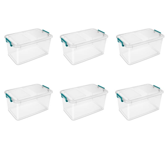 Sterilite 12.75 Gallon Modular Plastic Latch Storage Box, Teal and Clear, 6 Count