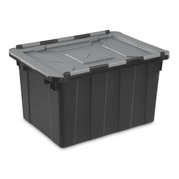 Sterilite 12 Gallon Hinged Lid Industrial Tote, Plastic Storage Bin with FlipLid, Dark Gray