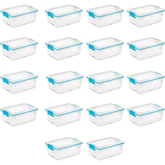 Sterilite 12 Qt Gasket Box, Stackable Storage Bin with Latching Lid and Tight Seal Plastic Container to Organize Basement, Clear Base and Lid, 18-Pack