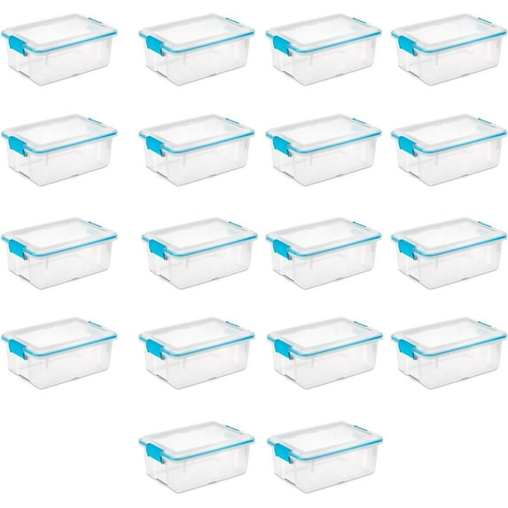 Sterilite 12 Qt Gasket Box, Stackable Storage Bin with Latching Lid and Tight Seal Plastic Container to Organize Basement, Clear Base and Lid, 18-Pack
