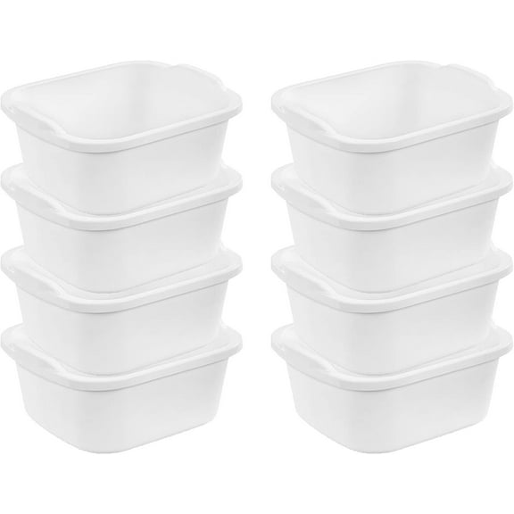 Sterilite 12 Quart Durable Heavy Duty Reinforced Plastic Kitchen Dishpan Basin with Molded Handles for Household Chores and Storage, White, 8 Pack
