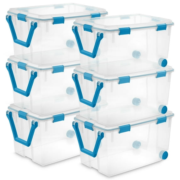 Sterilite 120 Qt Clear Plastic Wheeled Bin w/Gasket Latch Clear Lid, 6 Pack