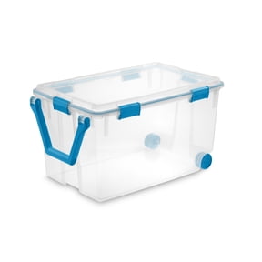 Sterilite Extra Large Storage Bin, 120 Quart Clear Plastic Storage Container with Gasket Lid, Blue