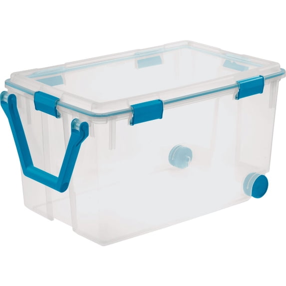 Sterilite 120 Qt Wheeled Gasket Box, Stackable Storage Bin with Latching Lid, Handle and Tight Seal, Plastic Container with Clear Base and Lid, 3-Pack