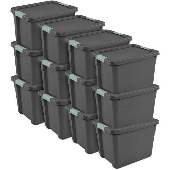 Sterilite 12Pk 12Gal Latch Tote Stackable Storage Container, Gray/Green