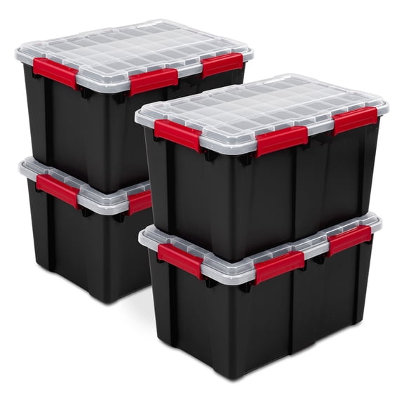 Sterilite 13.5 Gal Gasket Box, Stackable Plastic Storage Container with Lid, Black, 4 Pack