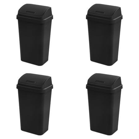 Sterilite Kitchen Trash Can, 13 Gallon Plastic Garbage Bin with Swing Top Lid, Black, 4 Count
