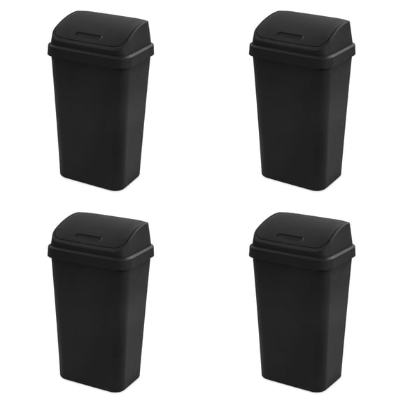 Sterilite Kitchen Trash Can, 13 Gallon Plastic Garbage Bin with Swing Top Lid, Black, 4 Count