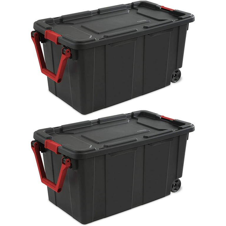 Sterilite 14699002 40 Gallon/151 Liter Wheeled Industrial Tote, Black Lid &  Base w/ Racer Red Handle & Latches, 2-Pack 