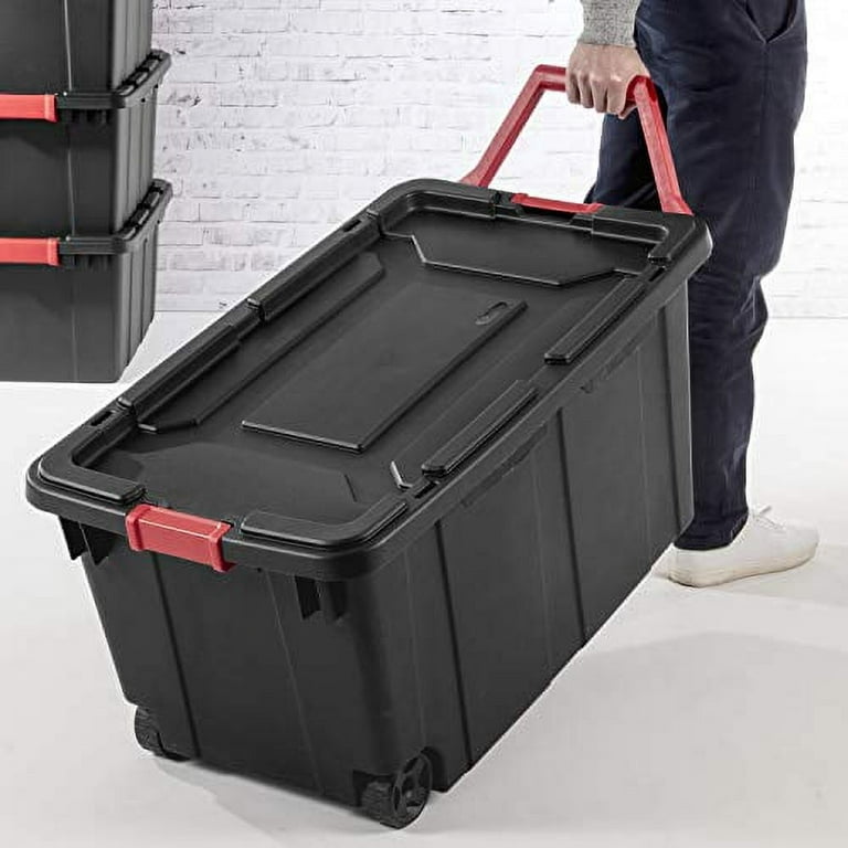 Sterilite 14699002 40 Gallon/151 Liter Wheeled Industrial Tote, Black Lid &  Base w/ Racer Red Handle & Latches, 2-Pack