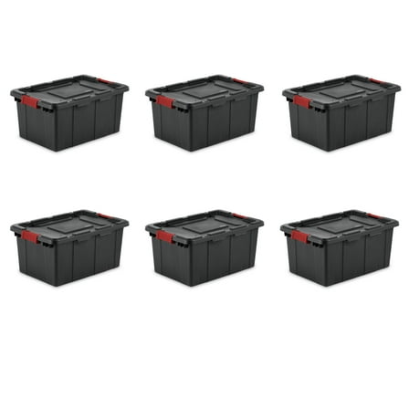 Sterilite 15 Gallon Industrial Tote, Rugged Plastic Storage Bin, Latch Lid, Black, 6 Pack