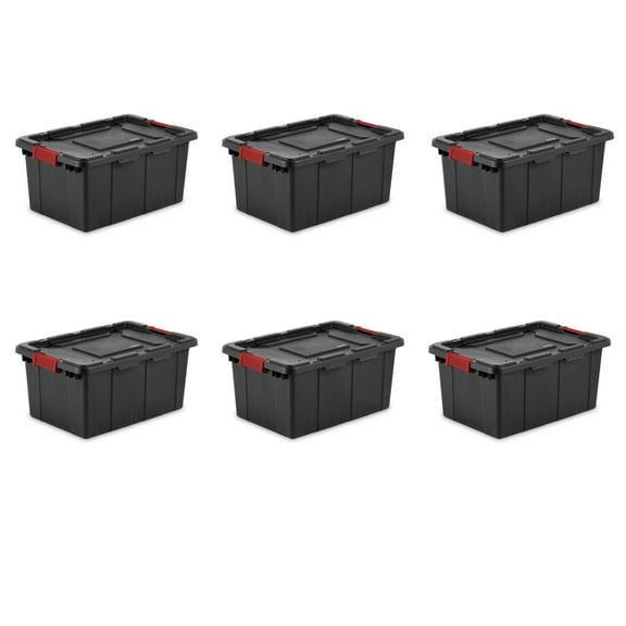 Sterilite 15 Gallon Industrial Tote, Rugged Plastic Storage Bin, Latch Lid, Black, 6 Pack