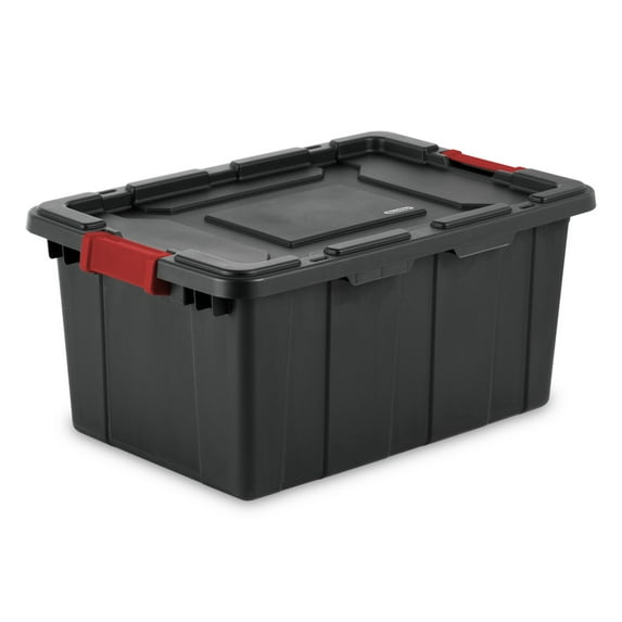 Sterilite 15 Gallon Industrial Tote, Rugged Plastic Storage Bin, Latch Lid, Black