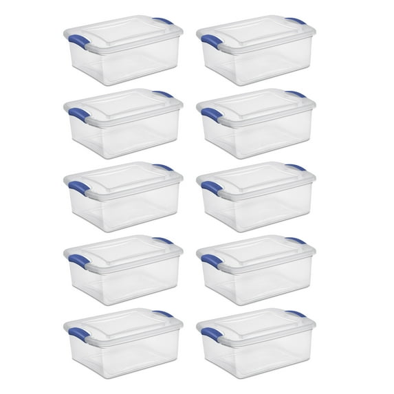 Sterilite Small Latching Storage Bin, 15 Quart Clear Plastic Storage Container with Clear Lid, Blue Latch, 10 Pack