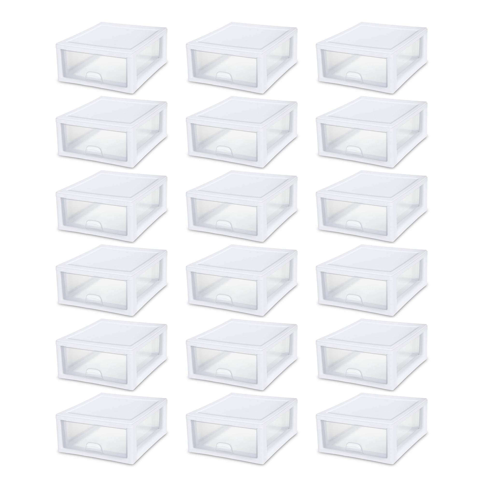 Clear and White 16 Quart Stackable Plastic Storage Drawers, Set of 18